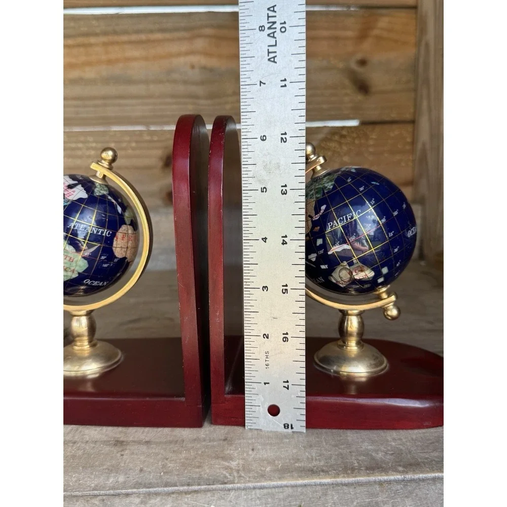 Vintage Gemstone World Globe Bookends, Brass meridian on Wood base